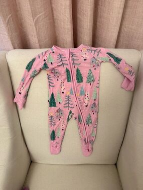 Little Sleepies Pink Holiday Tree Print Footie